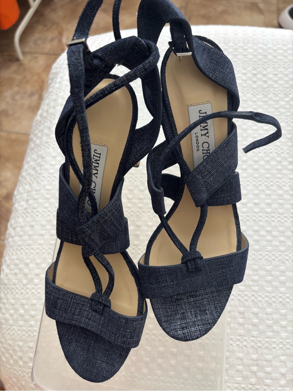 Jimmy Choo Navy Strappy Cork Block Heel Sandals NWT